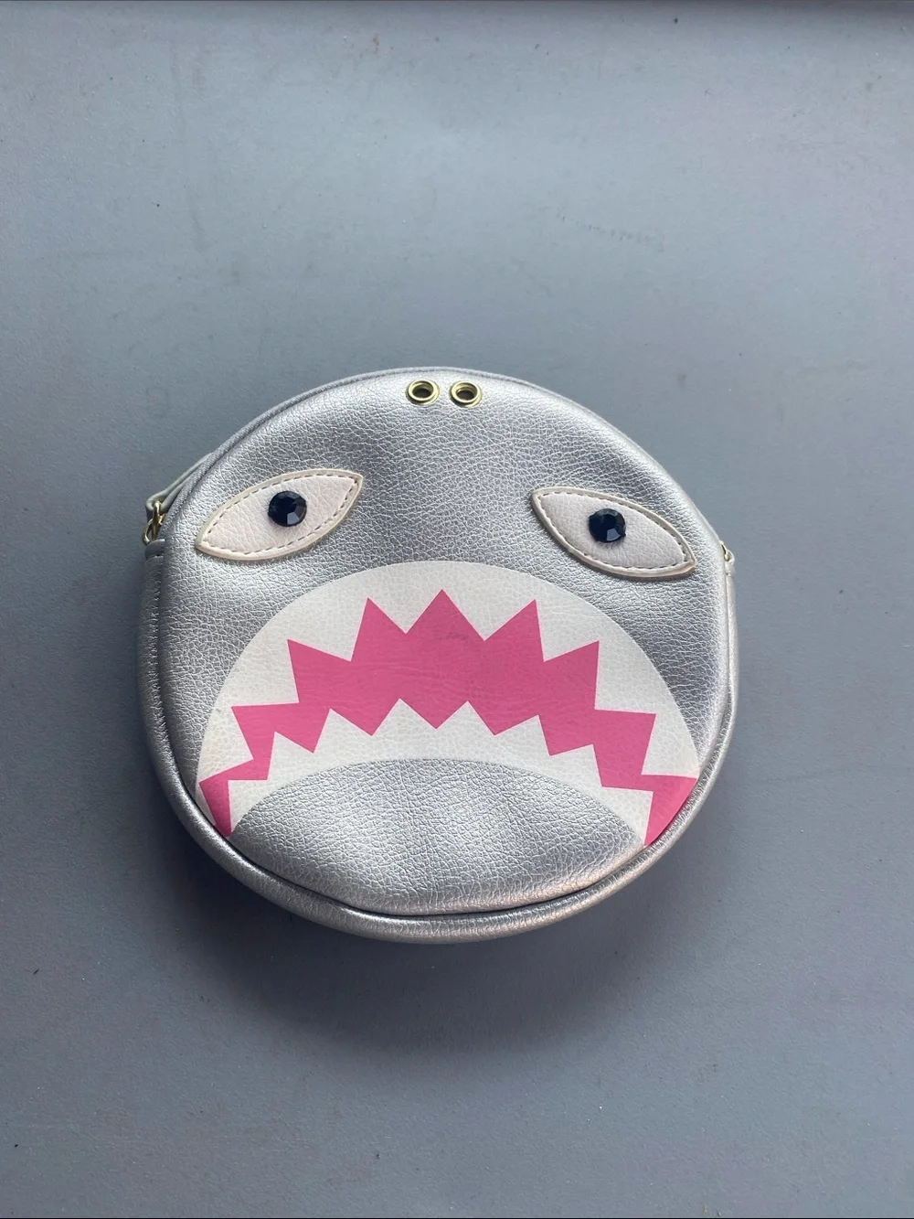 Betsey Johnson Silver Round Shark Face Clutch with Pink Accent